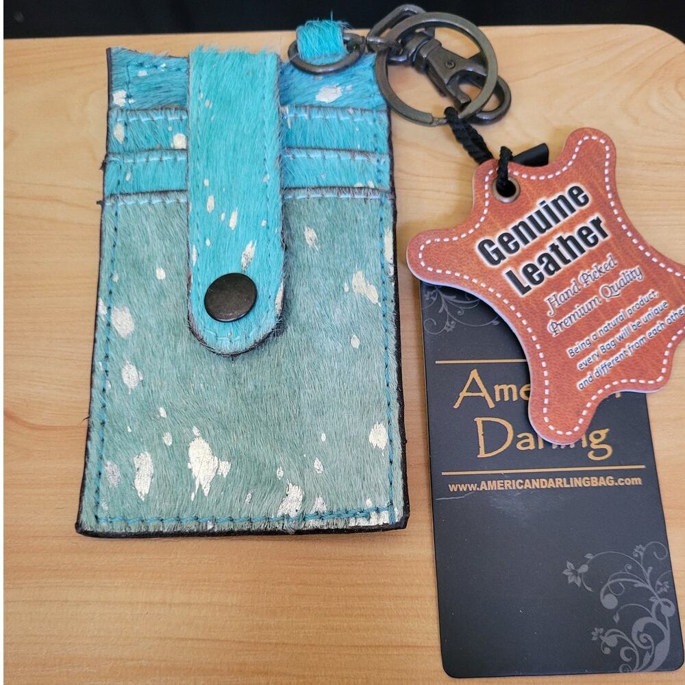 Cowhide Card Holder Western Wallet Keyring Turquoise Silver